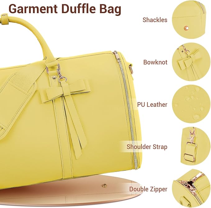 Garment Bags for Travel, Convertible Suit Travel Bag for Women, Stylish Carry On Garment Bag with Toiletry Pocket, Shoulder Strap and Shoes Compartment, 2 in 1 Foldable PU Leather Duffle Bag, Yellow