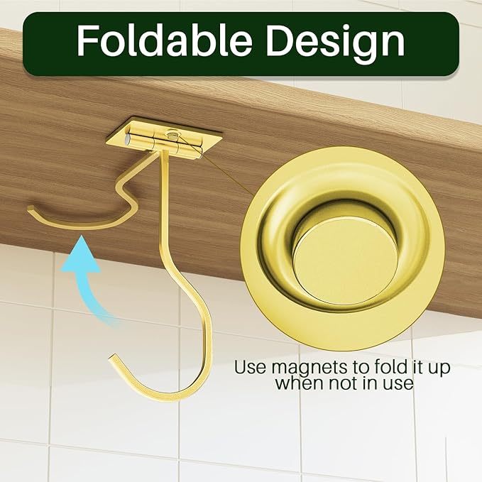Under Cabinet Banana Hook Adhesive: Foldable Banana Hanger, Gold Metal Banana Holder for Kitchen & RV, Space-Saving Design, Folding with Magnets When Not in Use, Keep Bananas Fresh