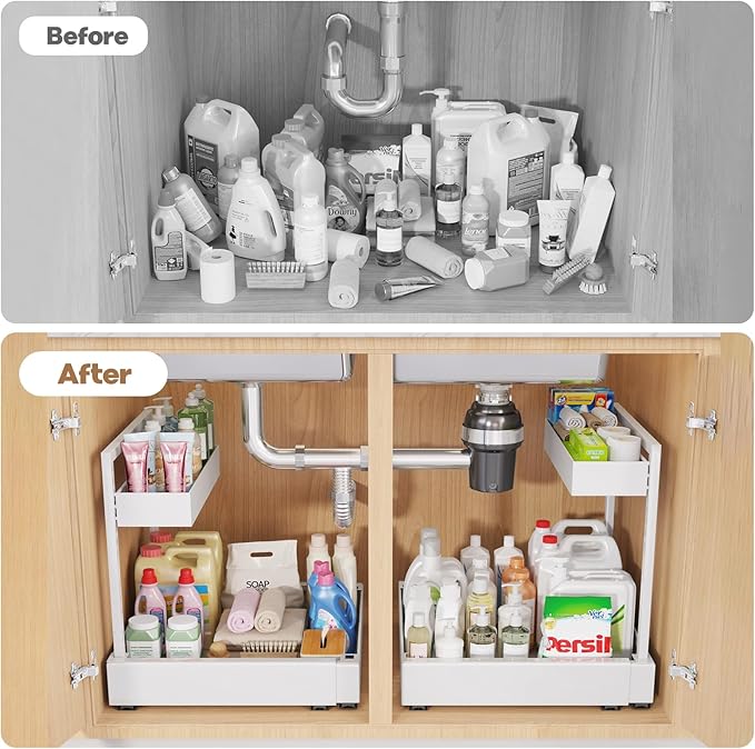 1-Pack L-Shape Expandable Under Sink Organizer with 3 Ball-Bearing Slide Rails, 2-Tier Pull-Out Under Cabinet Storage Shelf for Kitchen & Bathroom, Height-Adjustable Slide-Out Cabinet Drawer - White