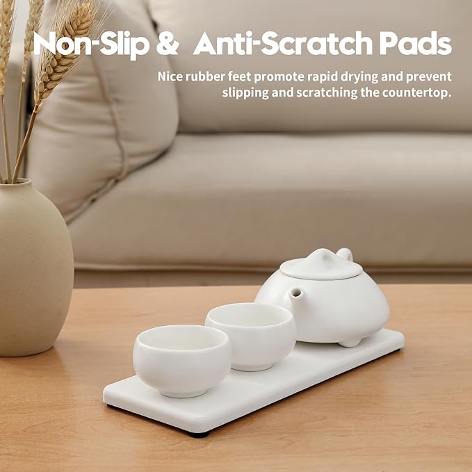 Razborci 2PCS Bathroom Sink Trays, Water Absorbing Diatomite Stone Quick Drying Mat for Kitchen Counter, Dish Rack Soap Dispenser Sponge Holder Caddy Vanity Organizer, White, 9"x3.5"