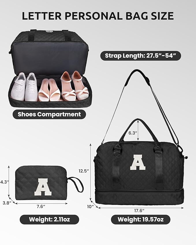 Initial Duffle Travel Bag, Personalized Weekender Bag with Shoulder Strap, Monogram Overnight Bag for Women Wet Pocket, Letter Travel Bag with Makeup Bag Gifts for Friends Female (Letter W)