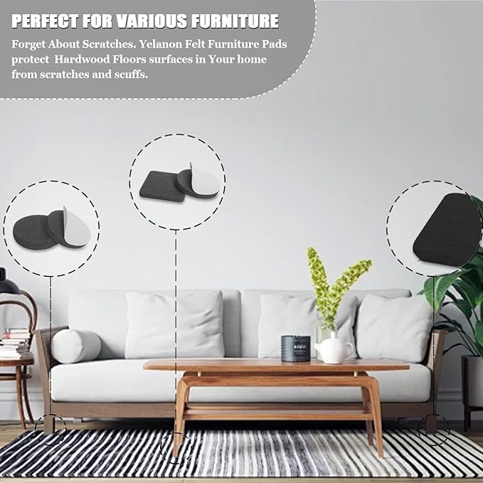 Yelanon Felt Furniture Pads - 182 Pcs Premium Felt Pads for Chair Legs, Furniture, Floor Protectors for Hardwood Floors, Black & Brown