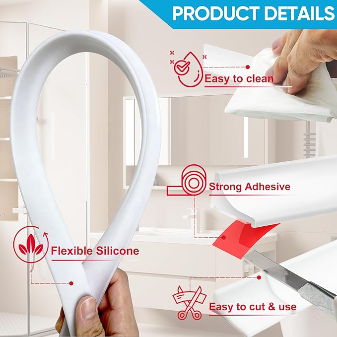 98Inch Shower Threshold Water Dam, Self-Adhesive Silicone Shower Barrier Water Stopper Shower Door Bottom Seal Strip Shower Splash Guard for Bathroom Kitchen Bathtub