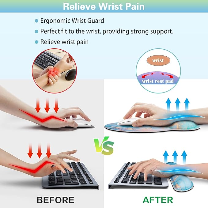Mouse Pad Blue, 3-in-1 Mouse Pad with Wrist Rest for Keyboard and Mouse, Gaming Mousepad with Anti-Skid Base,Ergonomic Memory Foam Keyboard Gel Wrist Rest, Office Desk Accessories for Women