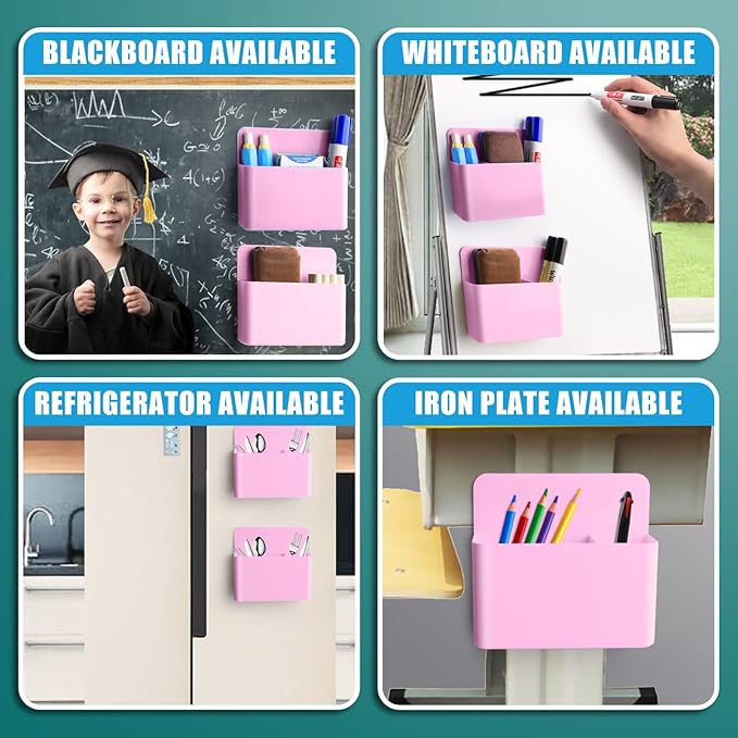 2 Pcs Magnetic Marker Holder Dry Erase Marker Holder Wall Mount Self Adhesive Pen Holder Magnetic Marker Cup Holders for Whiteboard, Fridge, Home Office School (Pink)