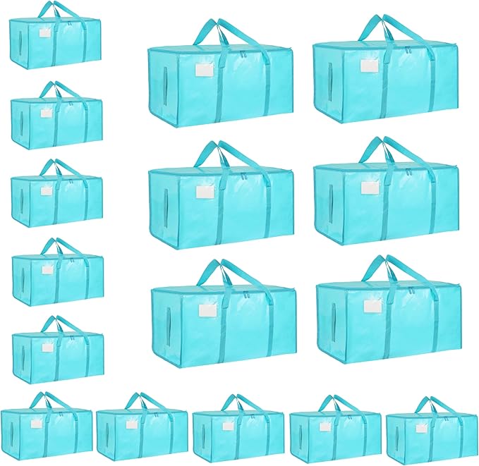 16 Pack - Extra Large Heavy Duty Moving Bags - Waterproof Storage Totes with Handles & Zippers, Foldable for College Dorm, Storage (lake blue)
