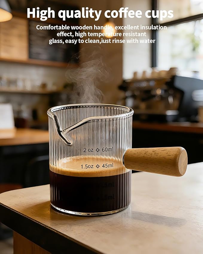 Espresso Measuring Cup 2 OZ, Espresso Glass Cups with Wood Handle, Milk Frothing Cup, Espresso Cup for Coffee, Milk, Tea or Maple Syrup Serving (Transparent, 2 oz)