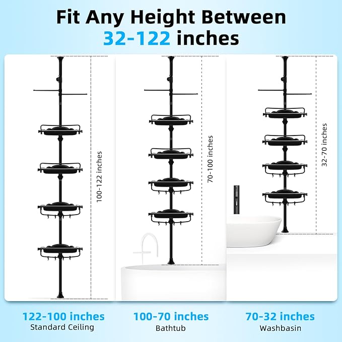 XLHOMO 32-122inch Corner Shower Caddy Tension Pole with Shower Curtain, Rustproof Drill-Free Adjustable Shower Shelves for Bathroom Bathtub Washbasin, with 4 Tier Patent Stable Shelves & Towel Bars