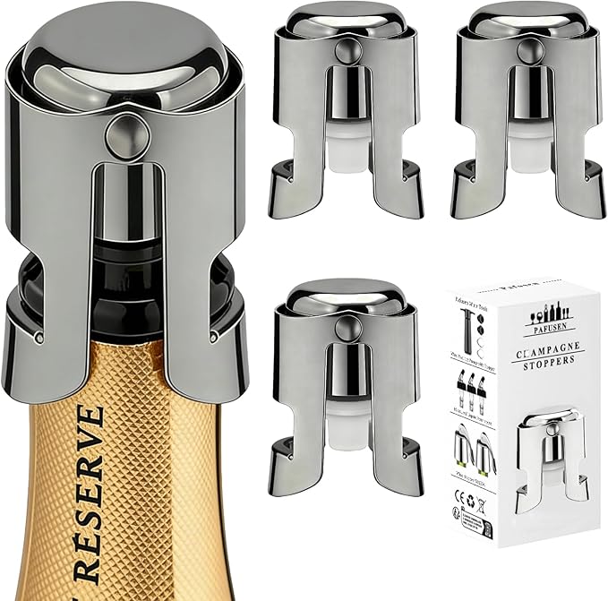 Champagne Stoppers for Bottles, Pafusen Champagne Sealer Stopper, Stainless Steel Champagne Cork Stopper Toppers, Saver for Champagne Cava Prosecco Sparkling Wine (Champagne -3-Pack-Black)