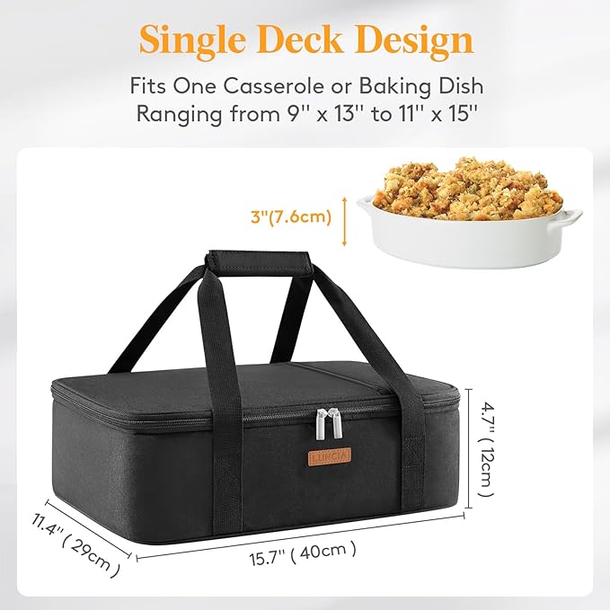 Lifewit LUNCIA Insulated Casserole Carrier for Hot or Cold Food, Lasagna Lugger Tote for Potluck Parties/Picnic/Cookouts, Fits 9"×13" Baking Dish, Black