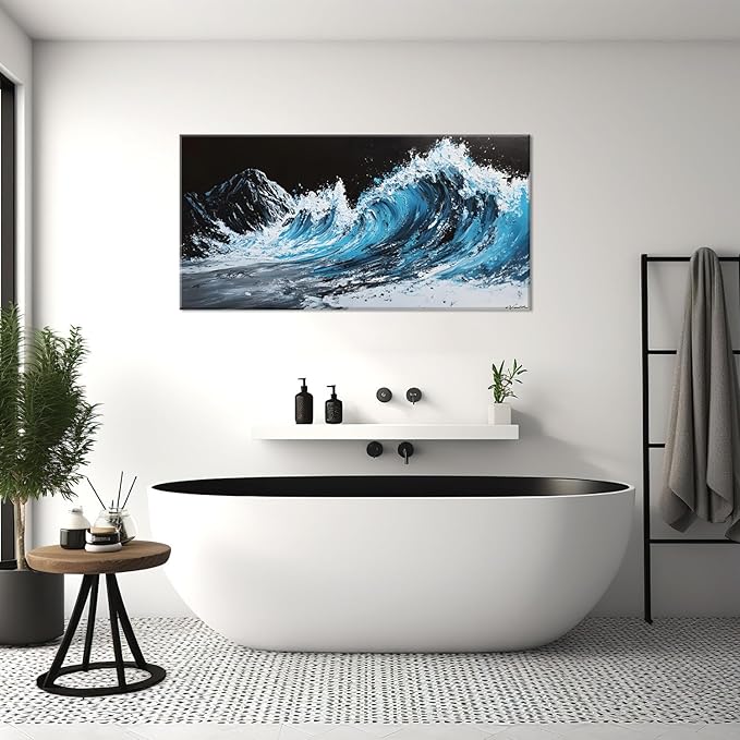ZESTRILIA Waves Wall Art Blue Sea Oil Painting Reproduction Print Modern Wave Abstract Canvas Paintings Waterproof Artwork Picture for Living Room Bedroom Home Office Kitchen Décor (20x40inch)