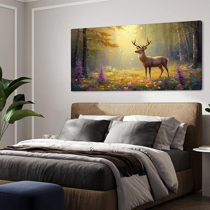 ZESTRILIA Pretty Deer Forest Wall Art for Living Room Office Gold Mustard Yellow Wildlife Wildflower Canvas Painting Prints Spring Wild Life Artwork Girls Bedroom Decor Extra Large (58x28 Inches)