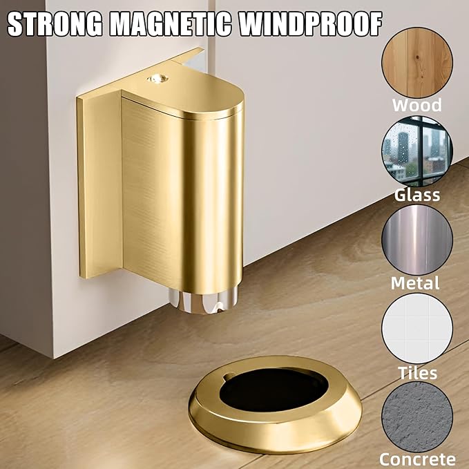 Door Wedge Stopper, New Magnetic Doors Stoppers for Bottom of Door, No Drill Invisible Doorstops for Inside Door, Heavy Duty Magnetic Doors Catch Holder, Keep Doors Open (Brushed Gold)