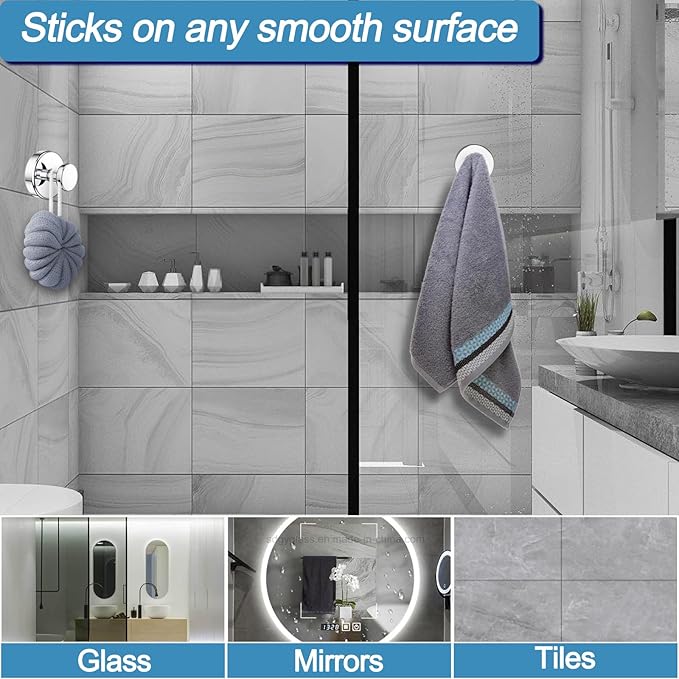 Suction Cup Hooks for Glass Window, Mirror, Wreaths - Shower Hooks for Inside Shower, No Drill Towel Hooks for Bathrooms, Bath Robe Coat Looafh Hook for Hanging - Chrome(2 Pack)