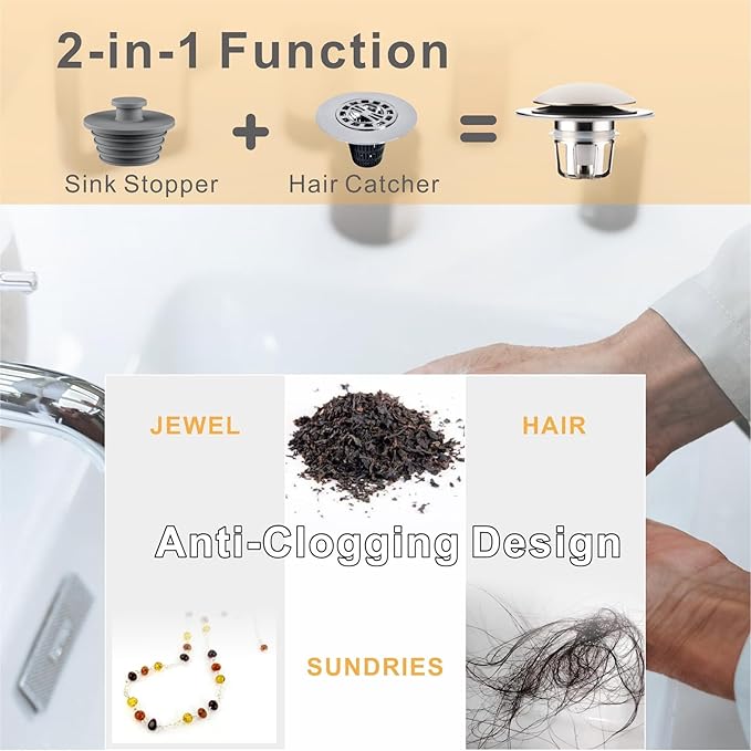2 Pack Brushed Nickel Bathroom Sink Stopper Pop Up, Wellup 2-in-1 Bathroom Sink Drain Stopper for 1 1/8"-1 1/2" Sink Drain Hole, Universal Sink Stopper Strainer with Hair Catcher