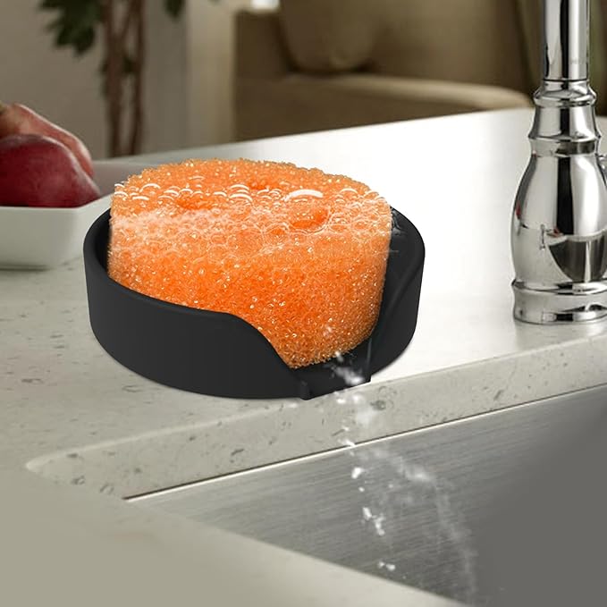 Sponge Holder for Scrub Daddy with Suction Cups and Drain Spout Kitchen Sink Caddy Organizer, Soap Dishes Holder Accessories Rack, Dishwasher Safe - 4.7"x4.7", Black
