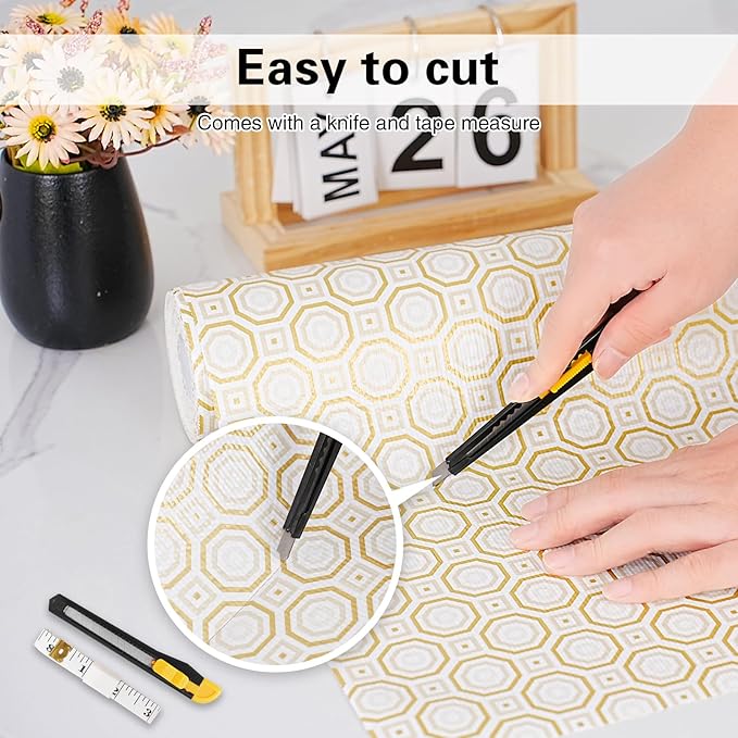 Drawer and Shelf Liner for Kitchen Cabinet,Non-Adhesive Cabinet Liner 18in x 10FT,Waterproof Shelf Paper Non-Slip Mats Cupboard Liners Contact Protect Dresser/Shelves/Table-Gold Octagonal