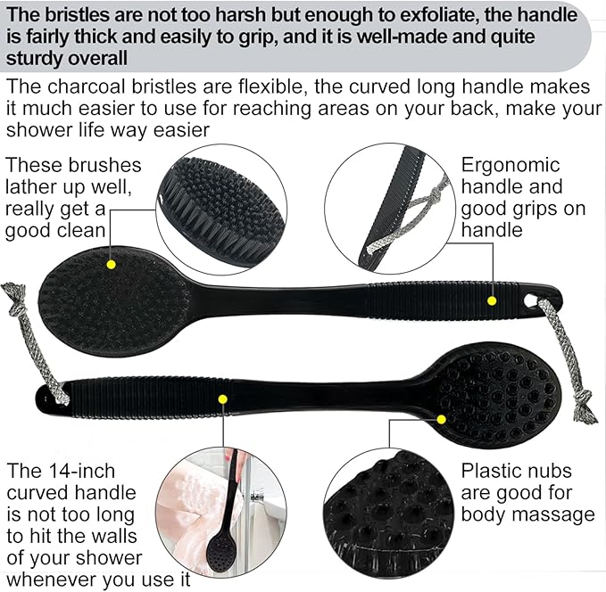 SUPERWASH PLUS Back Bath Brush - Curved Long Handle Shower Brush with Medium Stiff Charcoal Bristles for Cleaning and Exfoliating Body, Back Scrubber for Men & Women (Black 2 Pack)