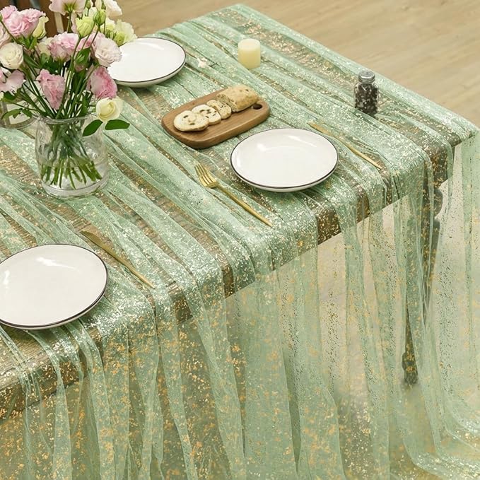 Horaldaily Sage Green Gauze Tablecloth 60x60 Inch Square, Golden Sequin Glitter Metallic Foil, Sheer Tulle Cheesecloth for Wedding Baby Shower Ceremony Birthday