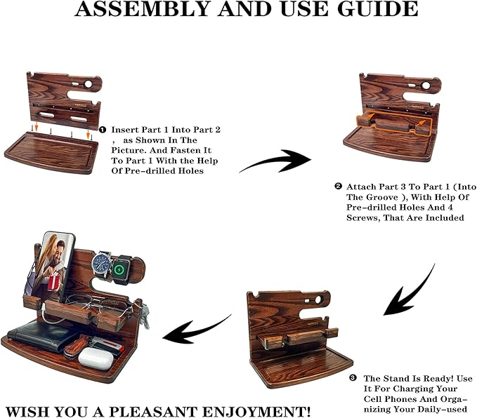 Gifts for Men from Wife Nightstand Organizer for Men Wood Phone Docking Station, Gift Ideas for Father's Day, Christmas, and Valentine's Day (Brown)