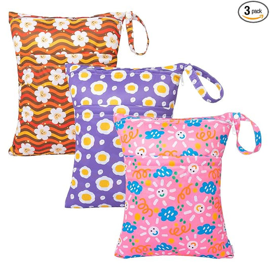 babygoal Wet Dry Bags for Baby Cloth Diapers, Washable Travel Bags, Beach, Pool, Gym Bag for Swimsuits & Wet Clothes with Two Zippered Pockets 3 Pack 3LN07