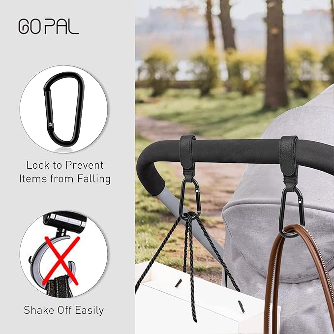 Go Pal 4 Pack Stroller Hooks for Bags, Baby Stroller Clips and Hooks Carry 33lbs Per Stroller Hook, Adjustable Stroller Carabiner Clip for UPPAbaby, DOONA, Baby Jogger, Britax, Chicco