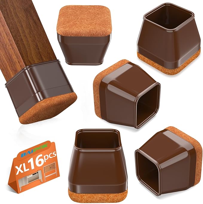16Pcs Square Chair Leg Floor Protectors with Thickened Felt Pads Silicone Chair Leg Covers Caps to Protect Hardwood Tile Floors Furniture Feet Reduce Noise (Brown XL Fit 1.46"-1.77")