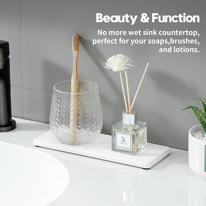 Razborci 2PCS Bathroom Sink Trays, Water Absorbing Diatomite Stone Quick Drying Mat for Kitchen Counter, Dish Rack Soap Dispenser Sponge Holder Caddy Vanity Organizer, White, 9"x3.5"