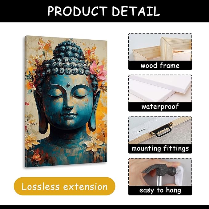 Findbeauty Buddha Canvas Wall Art, Floral Buddha Canvas Print, Zen Meditation Wall Decor, 3 Pcs Buddhist Pictures, Inspirational Wall Decor, Spiritual Wall Art for Living Room (12" x 18" x 3 pcs)