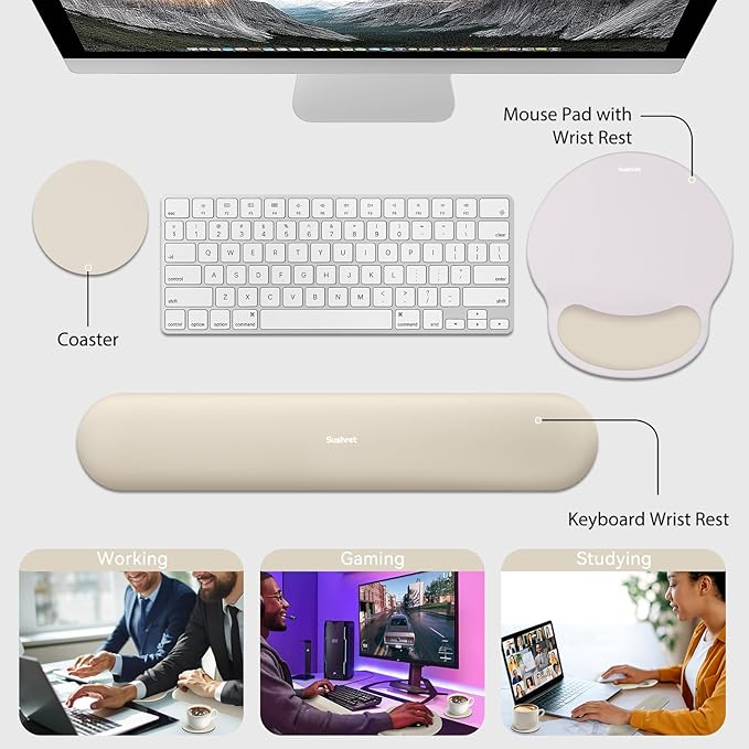 Mouse Pad and Keyboard Wrist Rest, 3-in-1 Gel Memory Foam Ergonomic Mouse Pad with Wrist Rest Set, Gaming Mousepad Arm Cushion Support for Computer Office Desk Accessories Cute Setup,Khaki