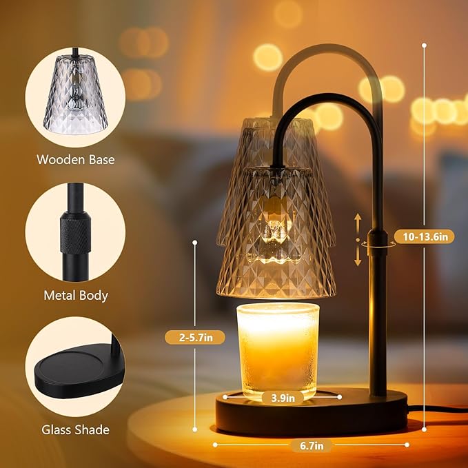 Candle Warmer Lamp with Timer: Electric Candles Warmers Adjustable Height Dimmable - Large Wax Candle Warmers Lamps Scented Flower Light - Home Decor Vintage Wood Base Shade Heat Modern Style Grey