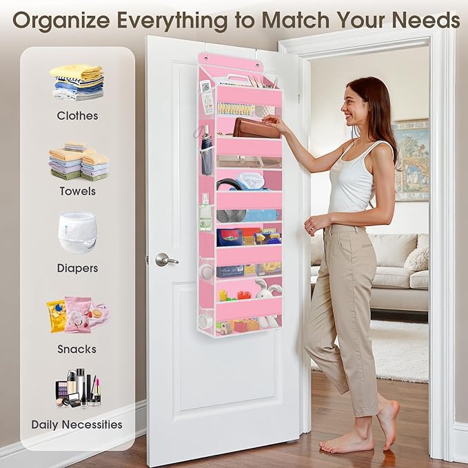 2 Pack Over The Door Organizer Hanging Storage Organizers with Clear Window 40lb Large Capacity Room Organizer for Pantry Laundry Bathroom Nursery Closet(Pink)