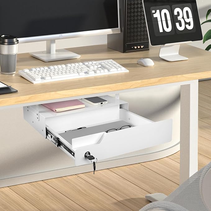 Under Desk Drawer Organizer Lockable, Metal Undermount Table Drawer Upgrade with Adjustable Brackets, Sliding Pull-Out Storage 17.3"x11.8"x5.4", White