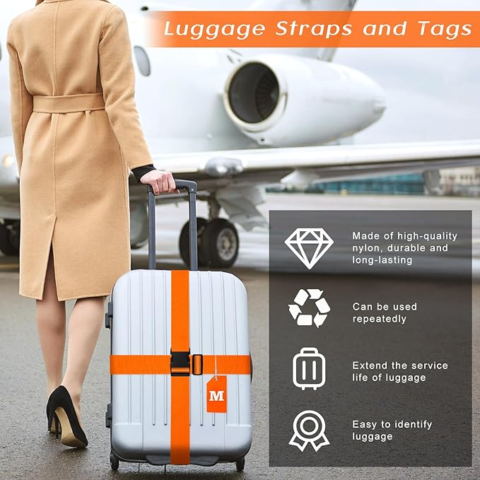 Weewooday 8 Pcs Luggage Straps Suitcase Tags Set for TSA Approved, 4 Travel Adjustable Suitcase Belt, 4 Silicone Luggage Tags with Name ID Card Travel Accessories (Light Orange, M)