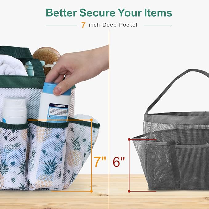 F-color Portable Shower Caddy - Mesh Shower Bag Basket Tote for College Dorm Room Essentials Bathroom Gym Camp Quick Dry for Women Men with S Hook, Green Pineapple