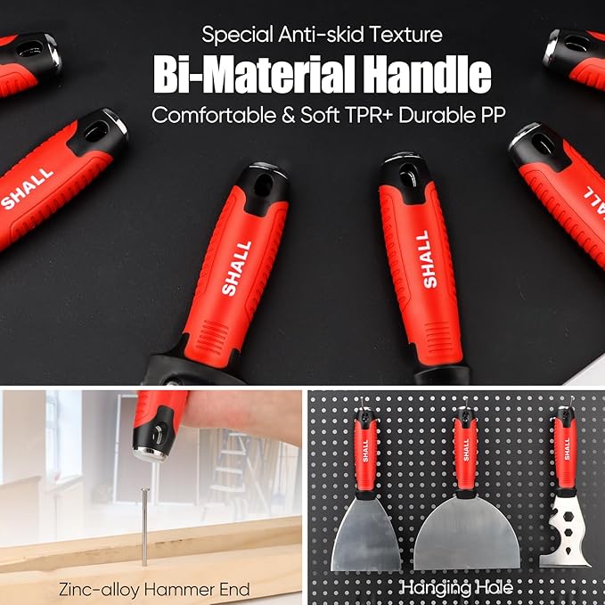 SHALL Drywall Tool Kit, 7 Pcs Stainless Steel Set Includes Putty Knife, Taping Knife, Painter Scraper Tool & 12" Mud Pan for Joint Taping, Finishing, Patching