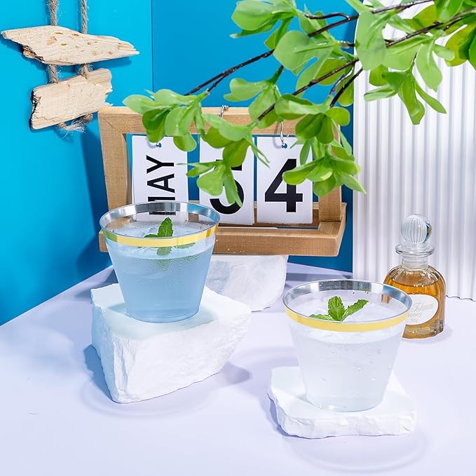 Hioasis 200Pcs 9OZ Clear Cups - Plastic Disposable Cups with Gold Trim, Heavy Duty & BPA-free for Party, Wedding, Reception