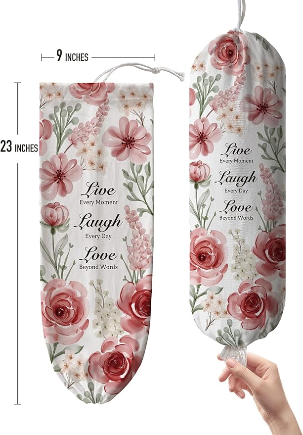Hglian Plastic Bag Holder, Inspirational Farmhouse Grocery Bag Organizer Storage Dispenser Container for Shopping Trash Bags, Cute Flowers Kitchen Décor Gifts for Women Mom Friend Grandma Pink