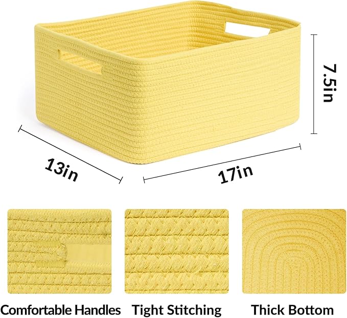 MiniArk Large Storage Baskets for Shelves, Closet Organizer Bins for Clothes, Blanket, Towels, Baby Nursery, Toy Box, Woven Rope Baskets, 17 x 13 x 7.5”, 2 Packs Yellow