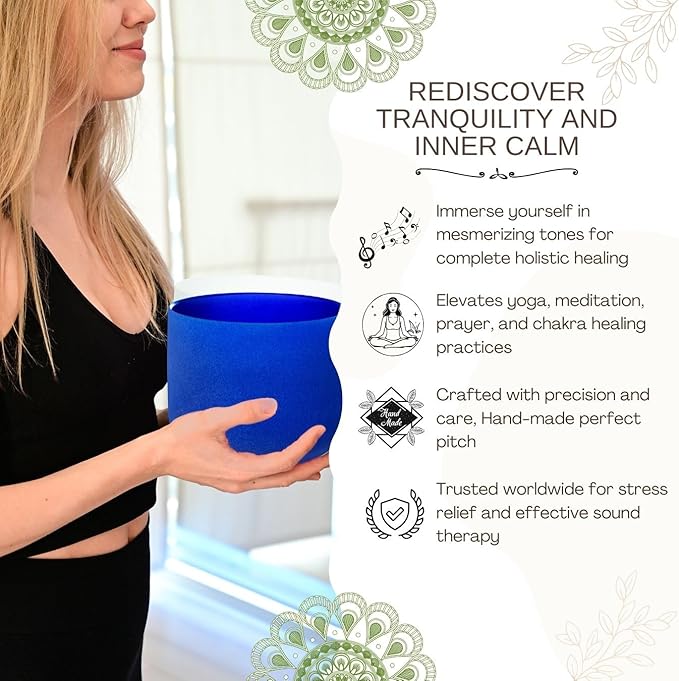 7 inch Indigo A Note Third Eye Chakra Quartz Crystal Singing Bowl, for Healing Mindfulness Meditation Yoga Sound Baths, with Rubber Mallet O-ring