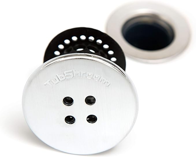 TubShroom Tub Drain Hair Catcher Combo Pack with Silicone Stopper, Black Chrome – Protector and for Bathroom Drains, fits any standard bathtub drain measuring 1.4” to 1.8” wide