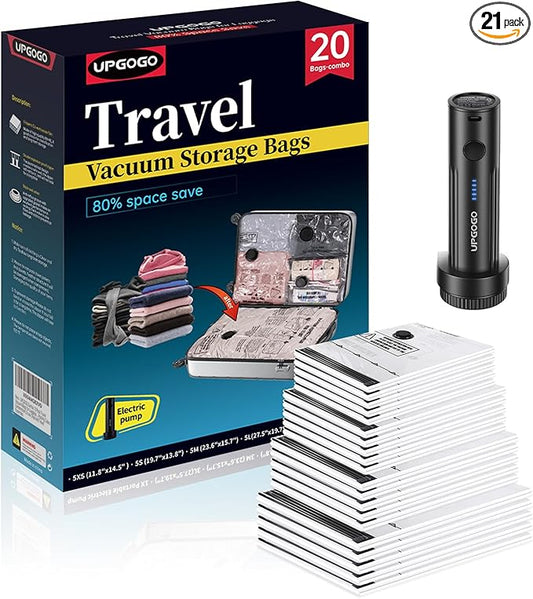 Combo 20 Pack Travel Vacuum Bags for Luggage with Portable Electric Pump,Vacuum Seal Bags for Clothing,Packing Cubes Compression,Cruise Ship and Travel Essentials