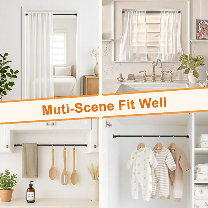 Tension Curtain Rod 26 to 48 Inch Adjustable Tension Rods 6 Pack Expandable Spring Tension Rod Black No Drilling for Closet Kitchen Cupboard Wardrobe Door Bookshelf DIY Projects