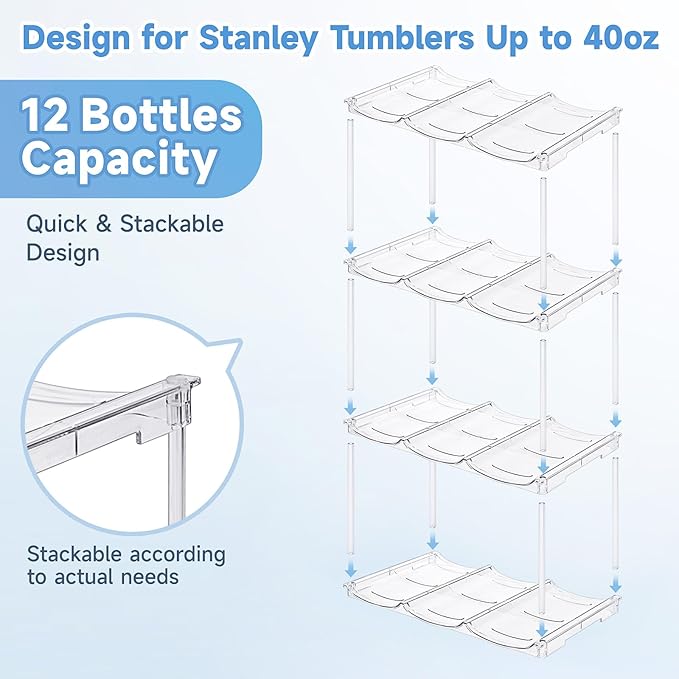 Stackable Water Bottle Organizer for Stanley 40 oz Tumbler, Water Bottle Holder for Cabinet, Pantry Kitchen Organizers and Storage for Stanley Cup Accessories, Tumbler Organizer and Wine Rack, 4-Pack