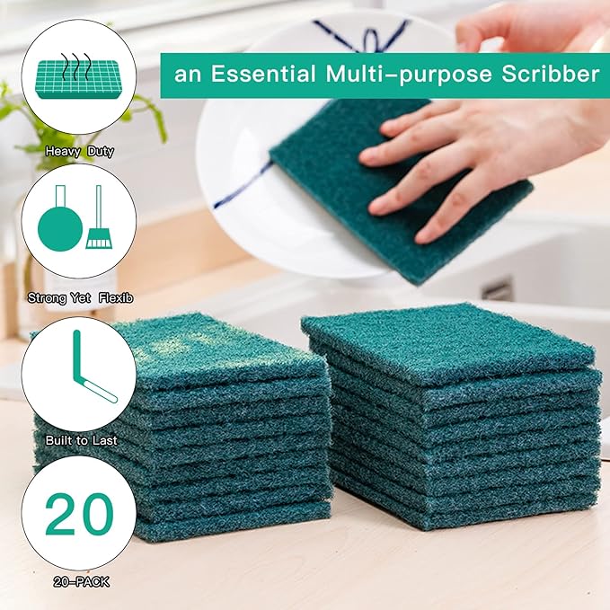 GUEICN Heavy Duty Scour Pads Sponge Dish Scrubber Non-Scratch Green Reusable Household Scrub Pads for Kitchen and Dish Cleaning Tool (24Pcs)