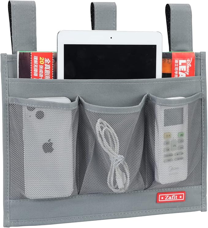 Hanging Bedside Caddy, Bedside Storage Organizer for Magazine, Phone, Remote control (Classic 4 Pockets-Grey)