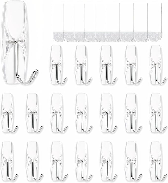 MOVELYST Medium Clear Wall Hooks, 18 Hooks + 24 Removable Strips, Wire Hooks with Adhesive Strips Damage-Free, Utility Hooks Heavy Duty, No Tools Wall Hooks for Hanging, Value Pack
