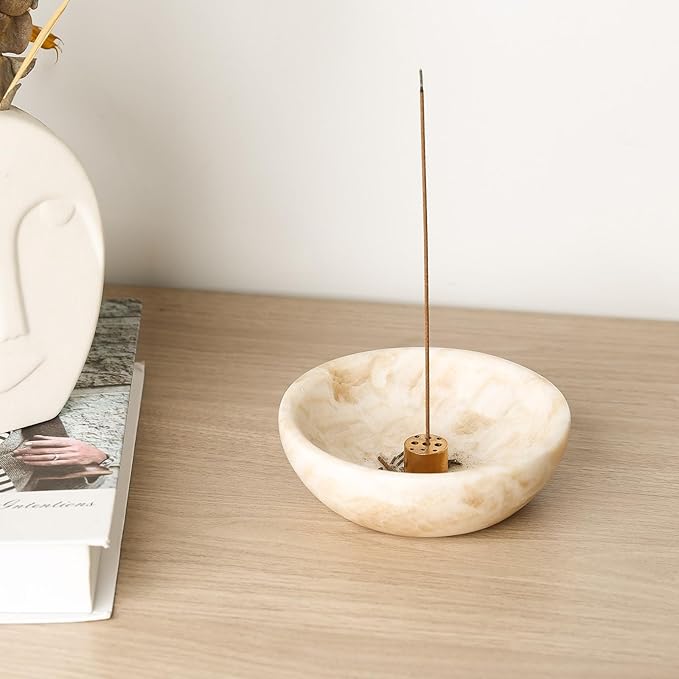 Koville Natural Marble Incense Holder, Incense Holder for Sticks with 9 Holes, Handmade Incense Burner Ash Catcher for Meditation Yoga SPA, Suit for Palo Santo/Sage/Cone(Ivory)