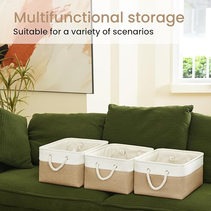 VQRTEXA Large Storage Baskets- 15.7x11.8x8.26 inch Storage Bins for Shelves and Closet Organizing, Foldable Fabric Bin for Home Organization Clothes and Laundry (6-Pack, White&Khaki)