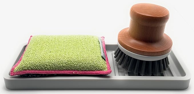 Happitasa Silicone Kitchen Sink Organizer Tray, Sponge Holder and Countertop Protector | Bathroom and Kitchen Soap Dish and Dispenser Tray (Light Grey, 9"x3.5")